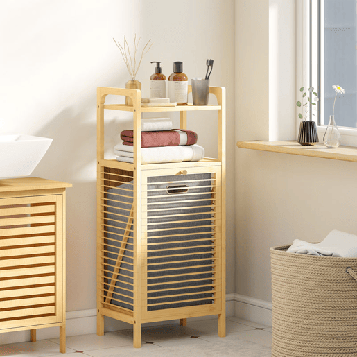 HOMCOM Armário para Roupa de Bambu Móvel Auxiliar para Casa de Banho 40x30x95 cm com 2 Prateleiras Abertas Cesto Amovível Pega e Desenho com Ripas para Espaços Pequenos Madeira
