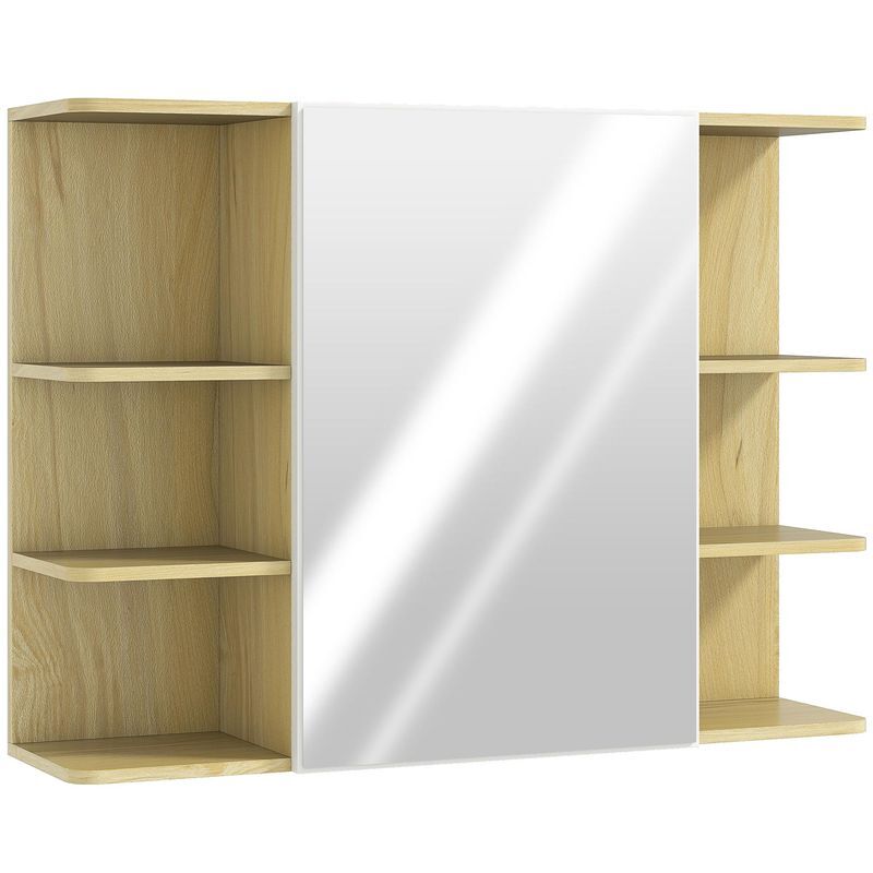 Homcom armario de baño con espejo armario de pared mueble de baño colgar con puerta estantes abiertos 80x20x59 cm natural