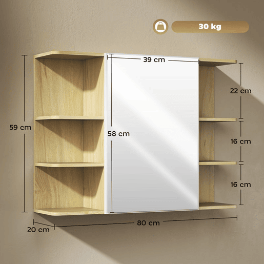 HOMCOM Armário de Casa de Banho com Espelho Armário de Parede Móvel de Casa de Banho para Pendurar com Porta Prateleiras Abertas 80x20x59 cm Madeira