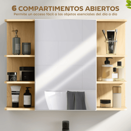 HOMCOM Armário de Casa de Banho com Espelho Armário de Parede Móvel de Casa de Banho para Pendurar com Porta Prateleiras Abertas 80x20x59 cm Madeira