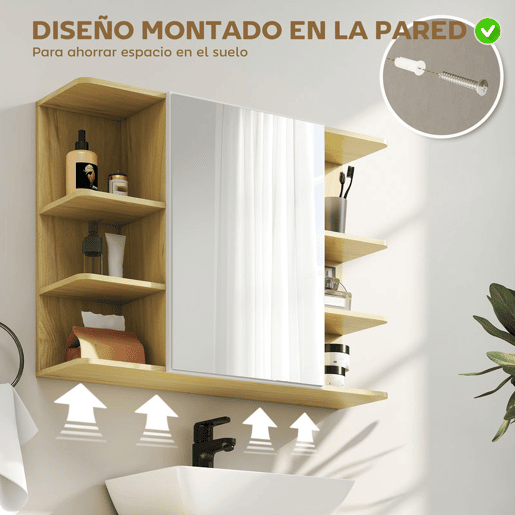 HOMCOM Armário de Casa de Banho com Espelho Armário de Parede Móvel de Casa de Banho para Pendurar com Porta Prateleiras Abertas 80x20x59 cm Madeira