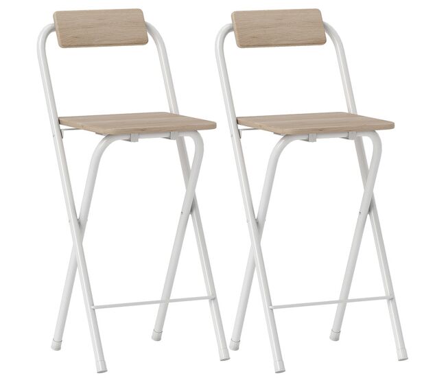 Homcom juego de 2 taburetes de bar plegables taburetes altos de cocina con respaldo reposapiés y marco de acero para comedor mostrador natural