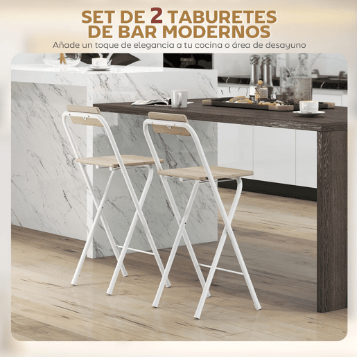 HOMCOM Conjunto de 2 Bancos de Bar Dobráveis Bancos Altos de Cozinha com Encosto Apoio para os Pés e Estrutura de Aço para Sala de Jantar Balcão 37x45x87 cm Madeira