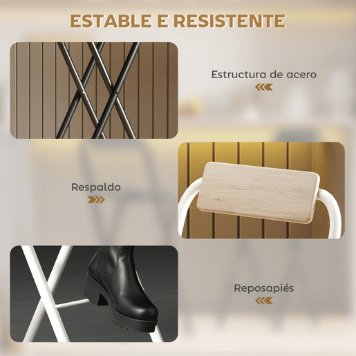 HOMCOM Conjunto de 2 Bancos de Bar Dobráveis Bancos Altos de Cozinha com Encosto Apoio para os Pés e Estrutura de Aço para Sala de Jantar Balcão 37x45x87 cm Madeira