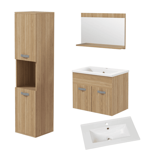 kleankin Conjunto de Móveis para Casa de Banho de Parede 3 Peças Inclui Espelho com Prateleira Móvel com Lavatório Cerâmico e Coluna de Casa de Banho Estilo Moderno Madeira