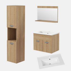 kleankin Conjunto de Móveis para Casa de Banho de Parede 3 Peças Inclui Espelho com Prateleira Móvel com Lavatório Cerâmico e Coluna de Casa de Banho Estilo Moderno Madeira