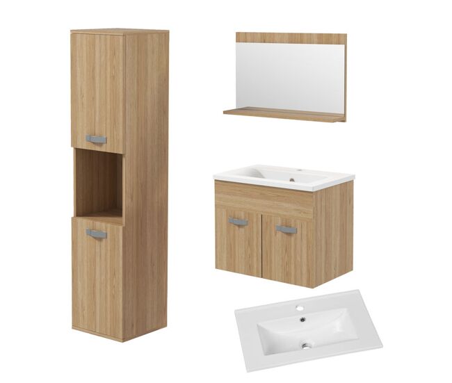 Kleankin conjunto de muebles de baño de pared de 4 piezas, incluye espejo, mueble de baño con lavabo cerámico, armario alto con estantes ajustables, estilo moderno, natural
