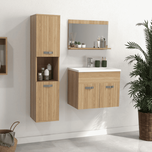 kleankin Conjunto de Móveis para Casa de Banho de Parede 3 Peças Inclui Espelho com Prateleira Móvel com Lavatório Cerâmico e Coluna de Casa de Banho Estilo Moderno Madeira
