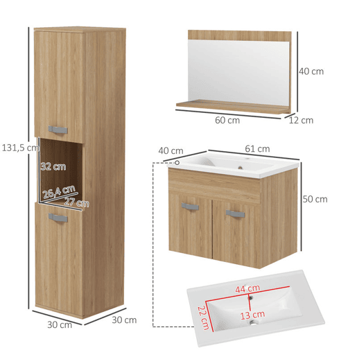 kleankin Conjunto de Móveis para Casa de Banho de Parede 3 Peças Inclui Espelho com Prateleira Móvel com Lavatório Cerâmico e Coluna de Casa de Banho Estilo Moderno Madeira