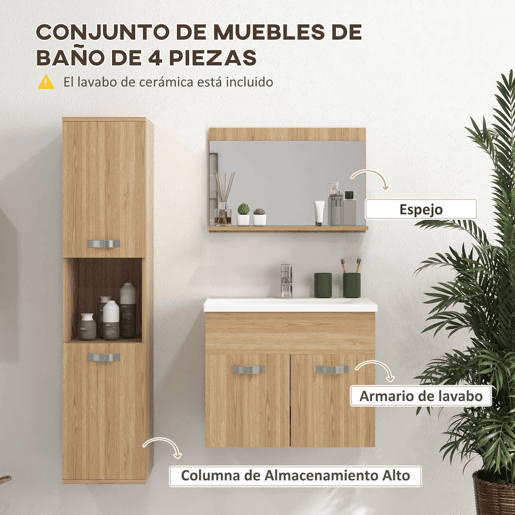 kleankin Conjunto de Móveis para Casa de Banho de Parede 3 Peças Inclui Espelho com Prateleira Móvel com Lavatório Cerâmico e Coluna de Casa de Banho Estilo Moderno Madeira