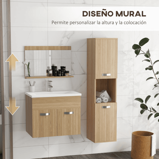 kleankin Conjunto de Móveis para Casa de Banho de Parede 3 Peças Inclui Espelho com Prateleira Móvel com Lavatório Cerâmico e Coluna de Casa de Banho Estilo Moderno Madeira