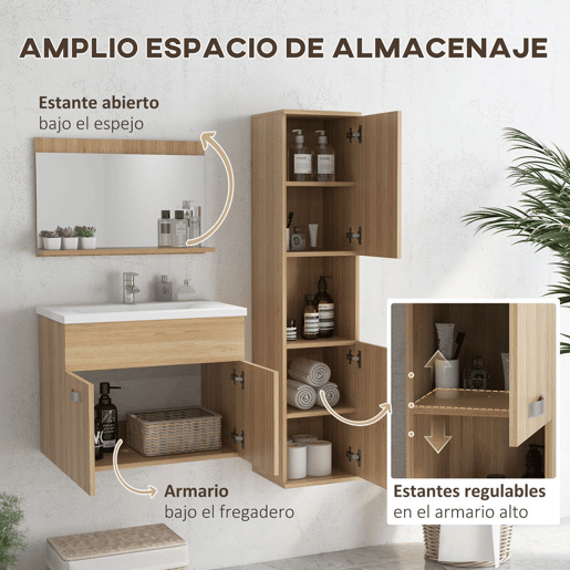 kleankin Conjunto de Móveis para Casa de Banho de Parede 3 Peças Inclui Espelho com Prateleira Móvel com Lavatório Cerâmico e Coluna de Casa de Banho Estilo Moderno Madeira