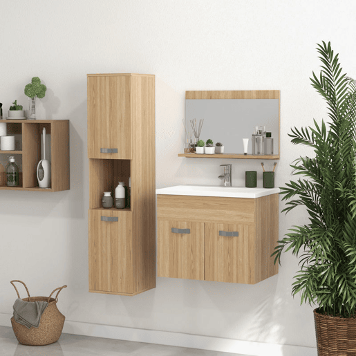 kleankin Conjunto de Móveis para Casa de Banho de Parede 3 Peças Inclui Espelho com Prateleira Móvel com Lavatório Cerâmico e Coluna de Casa de Banho Estilo Moderno Madeira