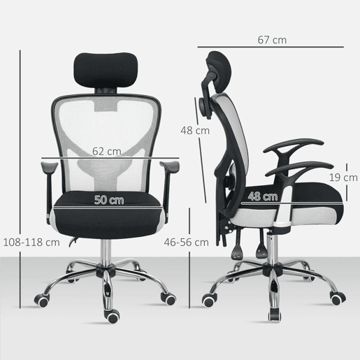 Vinsetto Cadeira de Escritório Cadeira para Secretária Giratória com Altura Ajustável Função Reclinável Apoio para a Cabeça e Suporte Lombar 62x67x108-118 cm Cinza