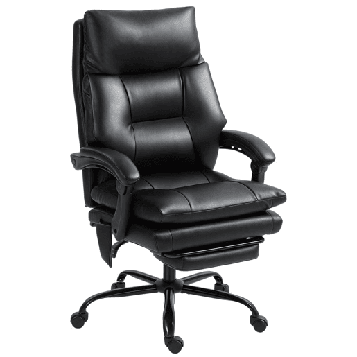 HOMCOM Cadeira de Escritório com Suporte Lombar Inflável Estofada em PU Cadeira de Secretária Giratória com Apoio para Pés Encosto Reclinável Encosto Alto Altura Ajustável 65x76x113-121 cm Preto