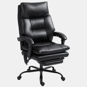 HOMCOM Cadeira de Escritório com Suporte Lombar Inflável Estofada em PU Cadeira de Secretária Giratória com Apoio para Pés Encosto Reclinável Encosto Alto Altura Ajustável 65x76x113-121 cm Preto
