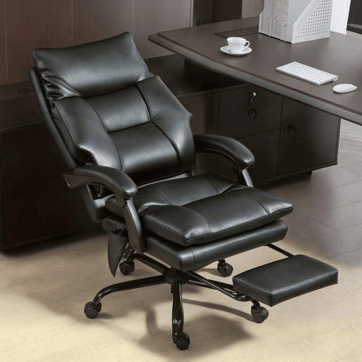 HOMCOM Cadeira de Escritório com Suporte Lombar Inflável Estofada em PU Cadeira de Secretária Giratória com Apoio para Pés Encosto Reclinável Encosto Alto Altura Ajustável 65x76x113-121 cm Preto