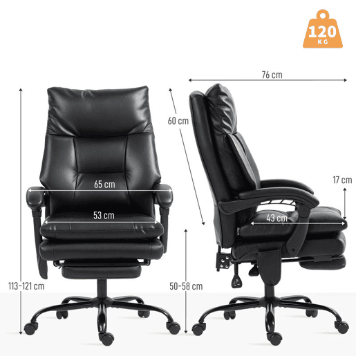 HOMCOM Cadeira de Escritório com Suporte Lombar Inflável Estofada em PU Cadeira de Secretária Giratória com Apoio para Pés Encosto Reclinável Encosto Alto Altura Ajustável 65x76x113-121 cm Preto