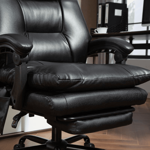 HOMCOM Cadeira de Escritório com Suporte Lombar Inflável Estofada em PU Cadeira de Secretária Giratória com Apoio para Pés Encosto Reclinável Encosto Alto Altura Ajustável 65x76x113-121 cm Preto