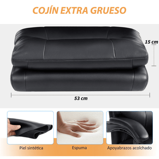 HOMCOM Cadeira de Escritório com Suporte Lombar Inflável Estofada em PU Cadeira de Secretária Giratória com Apoio para Pés Encosto Reclinável Encosto Alto Altura Ajustável 65x76x113-121 cm Preto
