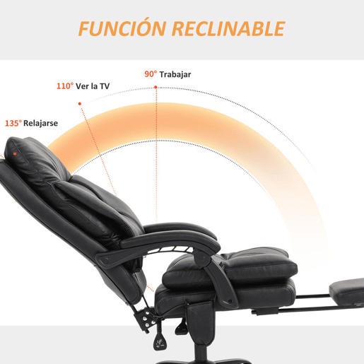 HOMCOM Cadeira de Escritório com Suporte Lombar Inflável Estofada em PU Cadeira de Secretária Giratória com Apoio para Pés Encosto Reclinável Encosto Alto Altura Ajustável 65x76x113-121 cm Preto
