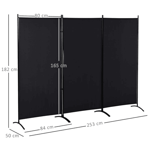 HOMCOM Biombo de 3 Paineis Separador de Ambientes Dobrável 253x50x182 cm Divisor de Ambientes Biombo de Privacidade com 6 Pés de Metal para Escritório Dormitório Preto