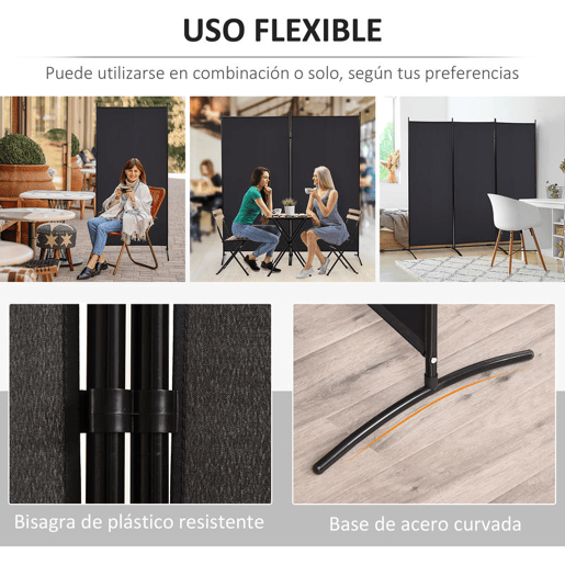 HOMCOM Biombo de 3 Paineis Separador de Ambientes Dobrável 253x50x182 cm Divisor de Ambientes Biombo de Privacidade com 6 Pés de Metal para Escritório Dormitório Preto