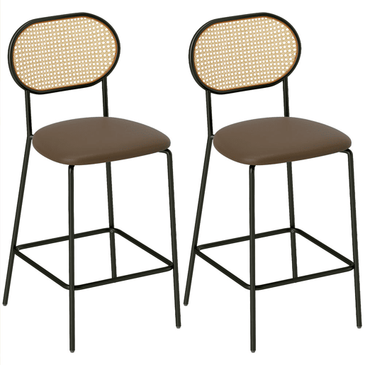 HOMCOM Conjunto de 2 Bancos de Bar Bancos Altos de Cozinha com Encosto em Vime Assento em PU Estrutura de Aço e Apoio para Pés para Sala de Jantar Balcão 45x50x97 cm Marrom