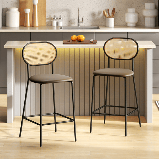 HOMCOM Conjunto de 2 Bancos de Bar Bancos Altos de Cozinha com Encosto em Vime Assento em PU Estrutura de Aço e Apoio para Pés para Sala de Jantar Balcão 45x50x97 cm Marrom