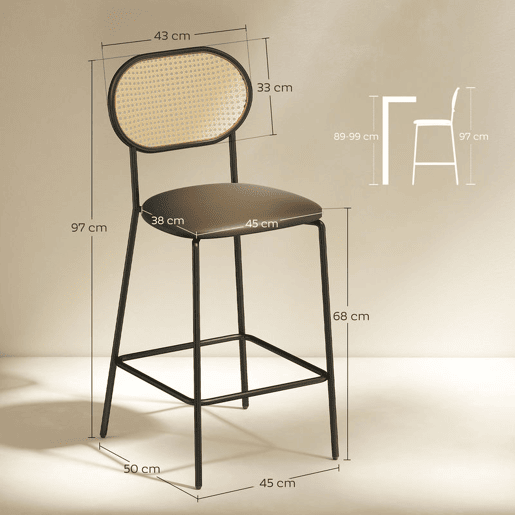 HOMCOM Conjunto de 2 Bancos de Bar Bancos Altos de Cozinha com Encosto em Vime Assento em PU Estrutura de Aço e Apoio para Pés para Sala de Jantar Balcão 45x50x97 cm Marrom