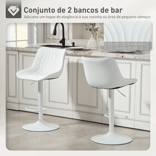 HOMCOM Conjunto de 2 Bancos de Bar Bancos Altos de Cozinha Giratórios com Altura Ajustável 92-110 cm Encosto Assento em Couro Sintético Estrutura de Aço e Apoio para Pés Branco