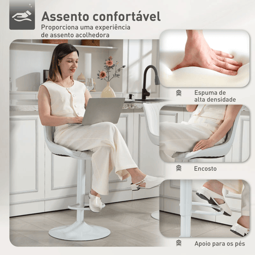HOMCOM Conjunto de 2 Bancos de Bar Bancos Altos de Cozinha Giratórios com Altura Ajustável 92-110 cm Encosto Assento em Couro Sintético Estrutura de Aço e Apoio para Pés Branco