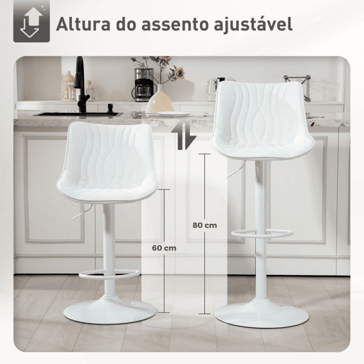 HOMCOM Conjunto de 2 Bancos de Bar Bancos Altos de Cozinha Giratórios com Altura Ajustável 92-110 cm Encosto Assento em Couro Sintético Estrutura de Aço e Apoio para Pés Branco