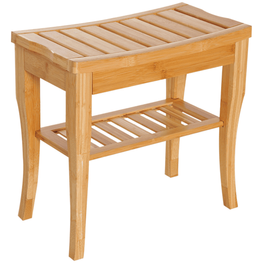 HOMCOM Banco para Casa de Banho de Bambu com Prateleira de Arrumação Banco de Banho Antiderrapante Impermeável e Resistente Banco de Duche para Casa Sala Quarto SPA 47,5x26x44,5 cm Madeira