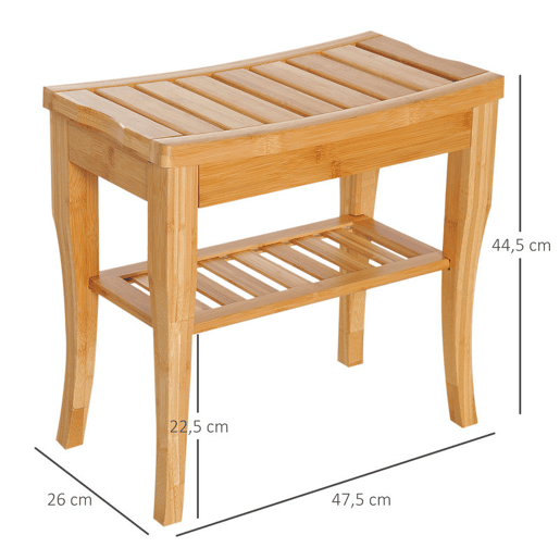 HOMCOM Banco para Casa de Banho de Bambu com Prateleira de Arrumação Banco de Banho Antiderrapante Impermeável e Resistente Banco de Duche para Casa Sala Quarto SPA 47,5x26x44,5 cm Madeira