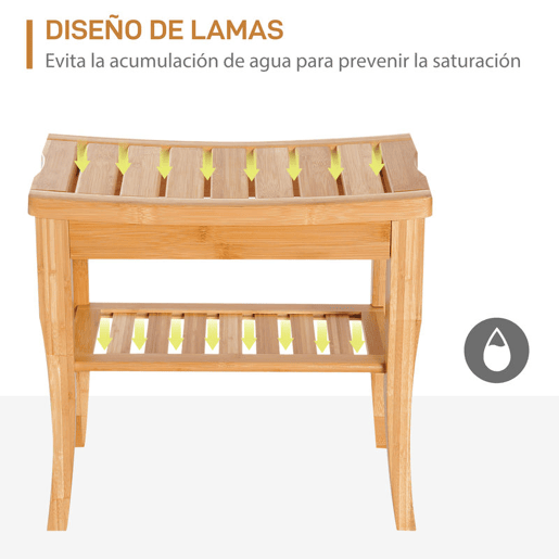 HOMCOM Banco para Casa de Banho de Bambu com Prateleira de Arrumação Banco de Banho Antiderrapante Impermeável e Resistente Banco de Duche para Casa Sala Quarto SPA 47,5x26x44,5 cm Madeira