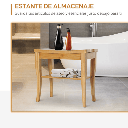 HOMCOM Banco para Casa de Banho de Bambu com Prateleira de Arrumação Banco de Banho Antiderrapante Impermeável e Resistente Banco de Duche para Casa Sala Quarto SPA 47,5x26x44,5 cm Madeira