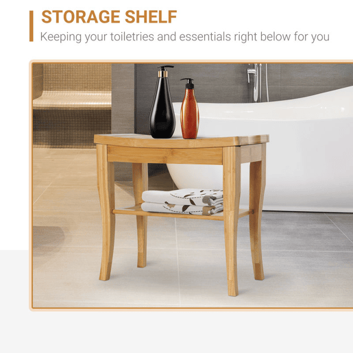 HOMCOM Banco para Casa de Banho de Bambu com Prateleira de Arrumação Banco de Banho Antiderrapante Impermeável e Resistente Banco de Duche para Casa Sala Quarto SPA 47,5x26x44,5 cm Madeira