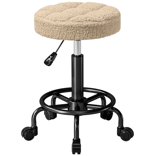 HOMCOM Banco Giratório Redondo Banco com Rodas Altura Regulável 50-66 cm Assento Estofado em Tecido tipo Borreguito para Salões Oficinas Spa Massagem Marrom Claro