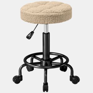 HOMCOM Banco Giratório Redondo Banco com Rodas Altura Regulável 50-66 cm Assento Estofado em Tecido tipo Borreguito para Salões Oficinas Spa Massagem Marrom Claro