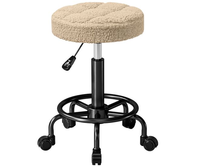 Homcom taburete giratorio redondo taburete con ruedas altura regulable 50-66 cm asiento tapizado en tejido de borreguito para salones talleres spa