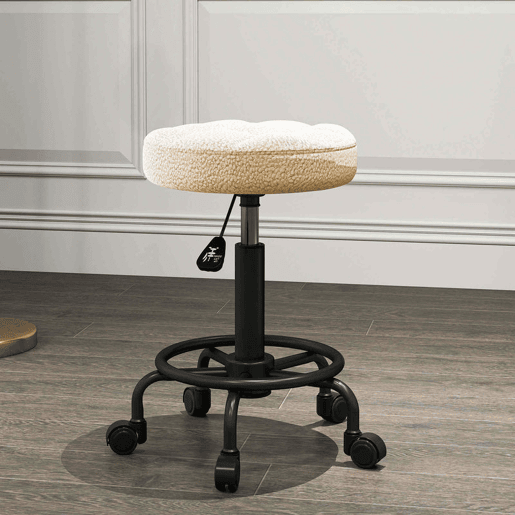 HOMCOM Banco Giratório Redondo Banco com Rodas Altura Regulável 50-66 cm Assento Estofado em Tecido tipo Borreguito para Salões Oficinas Spa Massagem Marrom Claro