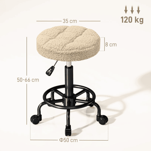 HOMCOM Banco Giratório Redondo Banco com Rodas Altura Regulável 50-66 cm Assento Estofado em Tecido tipo Borreguito para Salões Oficinas Spa Massagem Marrom Claro