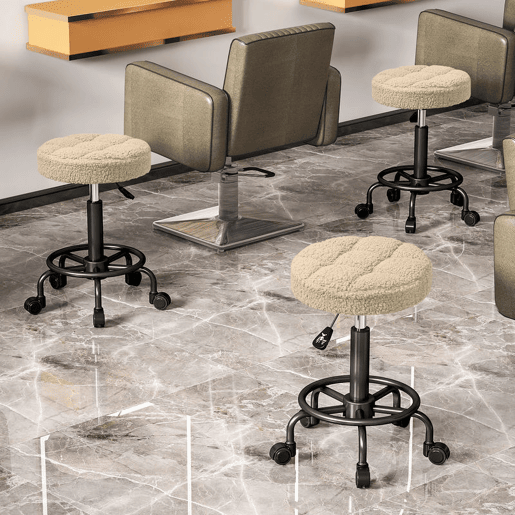 HOMCOM Banco Giratório Redondo Banco com Rodas Altura Regulável 50-66 cm Assento Estofado em Tecido tipo Borreguito para Salões Oficinas Spa Massagem Marrom Claro