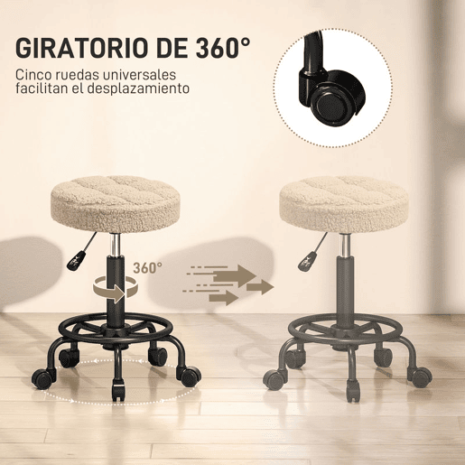 HOMCOM Banco Giratório Redondo Banco com Rodas Altura Regulável 50-66 cm Assento Estofado em Tecido tipo Borreguito para Salões Oficinas Spa Massagem Marrom Claro