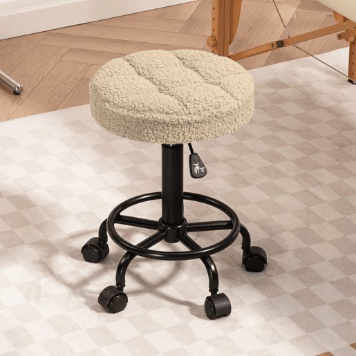 HOMCOM Banco Giratório Redondo Banco com Rodas Altura Regulável 50-66 cm Assento Estofado em Tecido tipo Borreguito para Salões Oficinas Spa Massagem Marrom Claro
