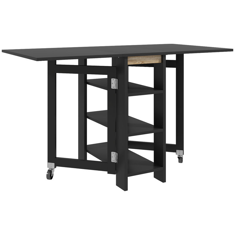 Homcom mesa plegable de comedor, mesa de cocina plegable, con ruedas, alas abatibles, estantes, hasta 4 personas, para salón, espacio pequeño, 120x60x75 cm, negro
