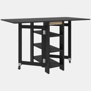 HOMCOM Mesa de Cozinha com Laterais Dobráveis Mesa de Refeição com 2 Rodas e Prateleiras Estilo Moderno 120x60x75 cm Preto