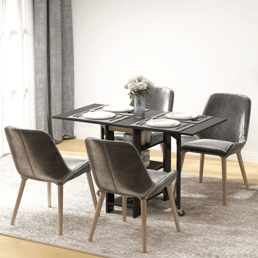 HOMCOM Mesa de Cozinha com Laterais Dobráveis Mesa de Refeição com 2 Rodas e Prateleiras Estilo Moderno 120x60x75 cm Preto