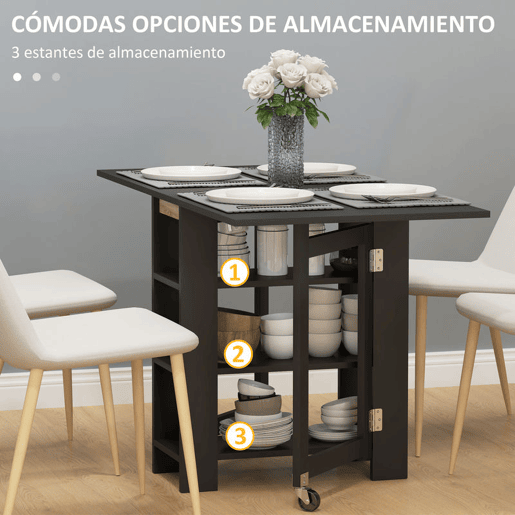HOMCOM Mesa de Cozinha com Laterais Dobráveis Mesa de Refeição com 2 Rodas e Prateleiras Estilo Moderno 120x60x75 cm Preto